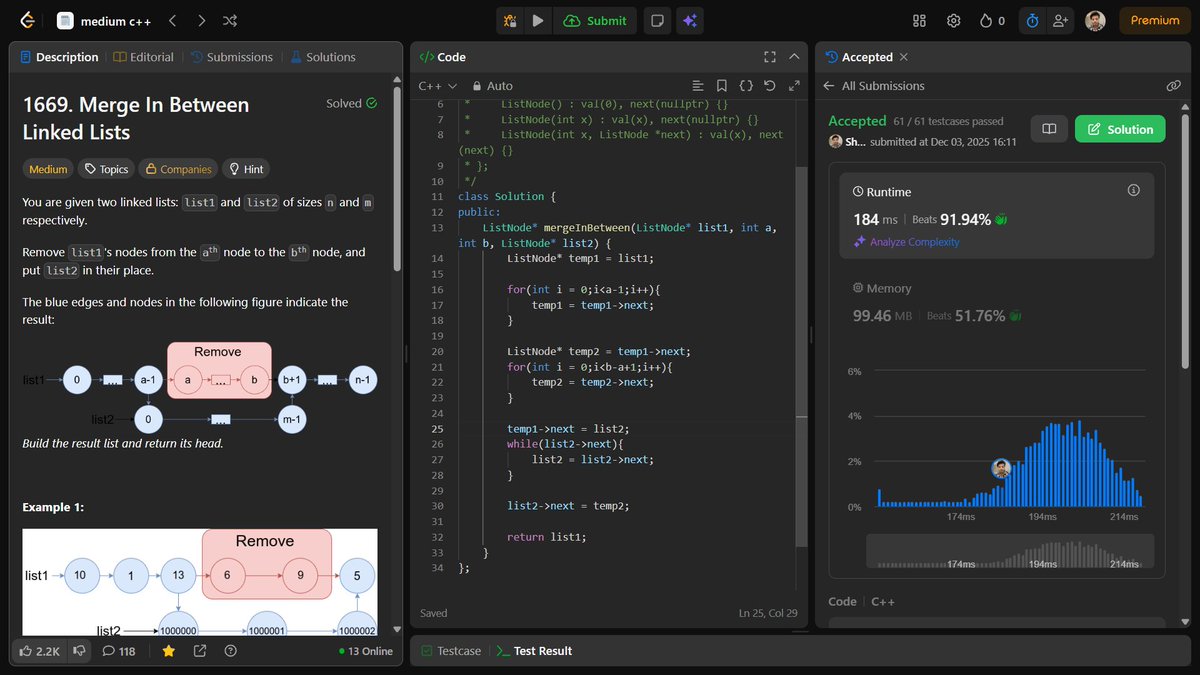 shahidx_05's tweet image. Day 263 – #365DaysOfCode

✅ Merge In Between Linked Lists
✅ Max Diff Between Node &amp;amp; Ancestor
✅ Travelling Salesman Problem
✅ Codeforces 14A

#DSA #LeetCode #GfG #Codeforces #CompetitiveProgramming  #ProblemSolving #LearnInPublic #buildinpublic