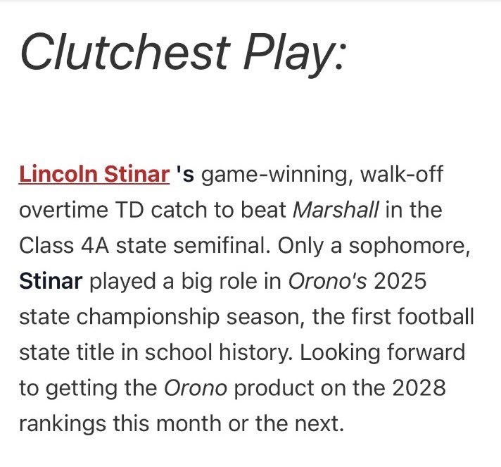 lincolnstinar's tweet photo. Thank you at @OJW_Scouting and @PrepRedzoneMN for the write up and choosing my catch as the clutchest play in the state tournament. I’d also like to thank @Griffin_mauer for the great throw. https://t.co/DzPk2AzZhd