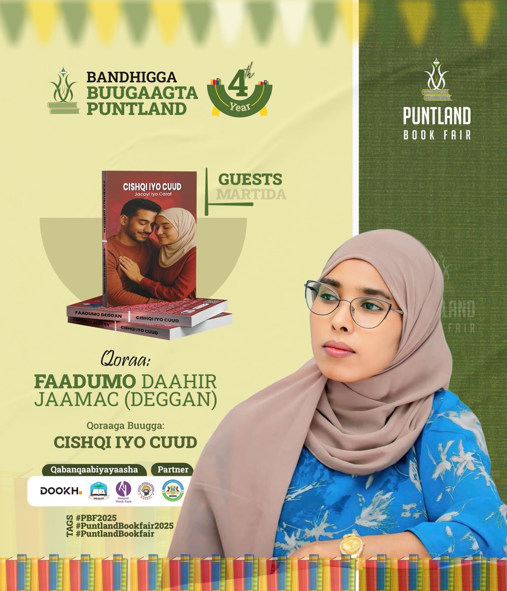 Meet the Writers Participating at the Puntland Book Fair

📅 7–9 December 2025 
📍 Martisoor Hotel, Garowe

Join us in celebrating talented writers who will share their stories, ideas, and creativity.

#PBF2025
#PuntlandBookfair2025
#PuntlandBookfair