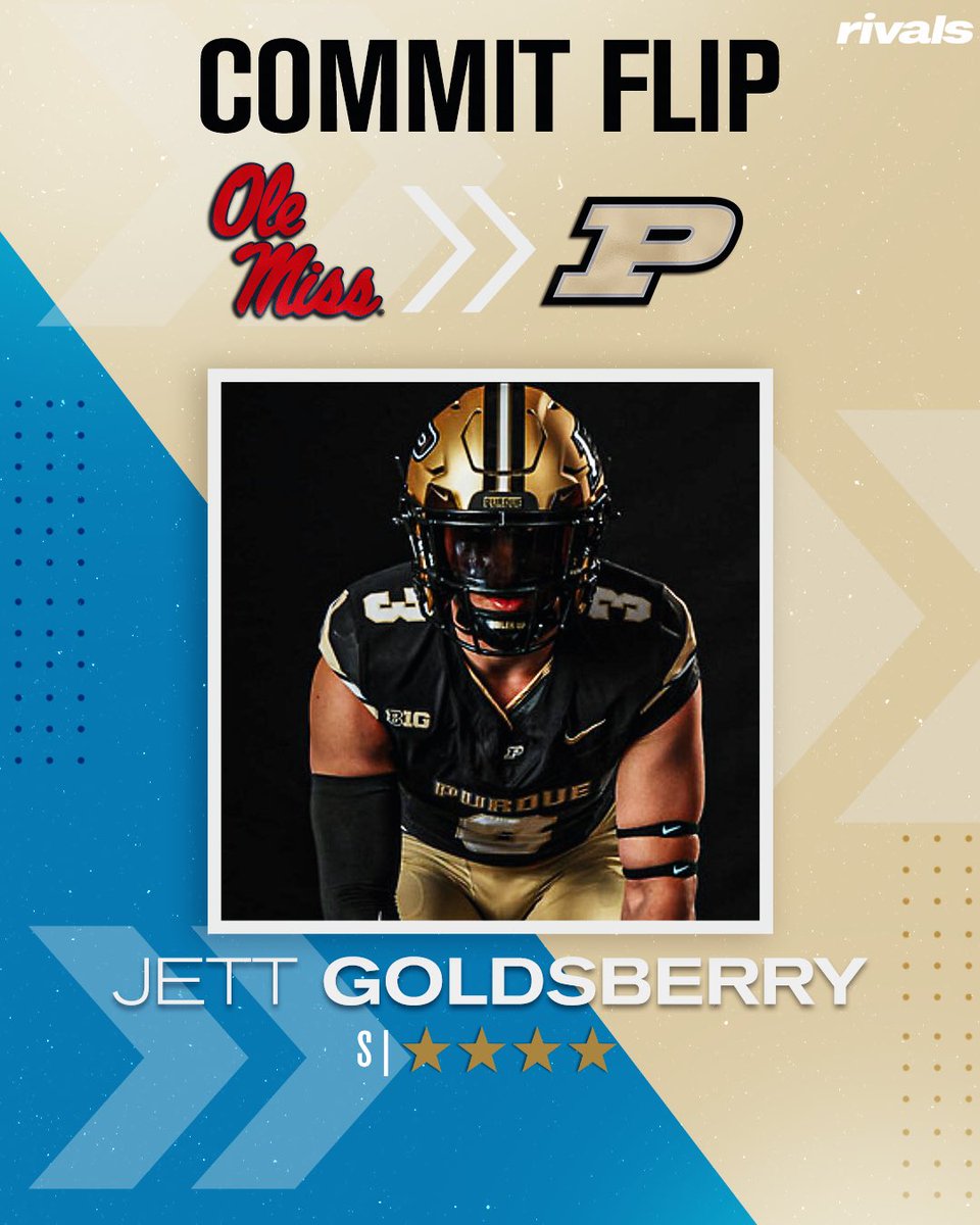 Rivals's tweet image. 🚨BREAKING🚨 4-star Safety Jett Goldsberry has flipped his commitment from Ole Miss to Purdue, via @SWiltfong_🚂

Read: on3.com/rivals/news/pu…