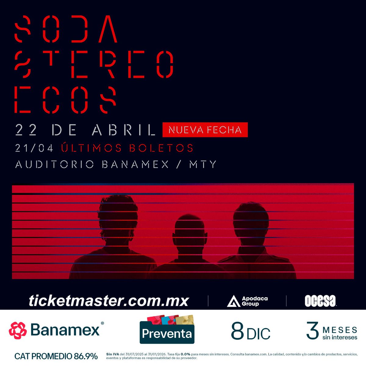 Se abre segunda fecha de Soda Stereo en Monterrey: 22 de abril en el Auditorio Banamex. 

- Preventa Banamex: 8 de diciembre
- Venta libre: 9 de diciembre
- Todo por Ticketmaster

#sodastereo #monterrey #mty