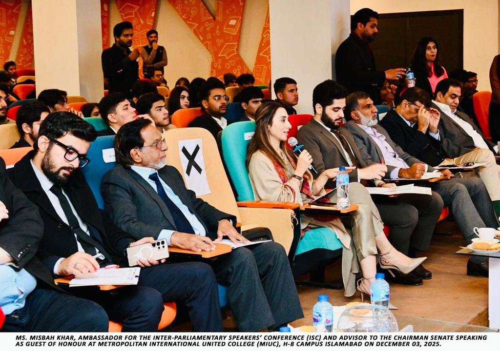 SenatePakistan's tweet photo. Advisor to the Chairman Senate, and ambassador Inter- Parliamentary speaker conference Ms. Misbah Khar, delivered an inspiring and motivational address at the Metropolitan Entrepreneurship Week (MEW) Judging Ceremony held at MIUC H-8 Campus on today.
#MIUC #Senate #Pakistan https://t.co/o5lyv7w6U3