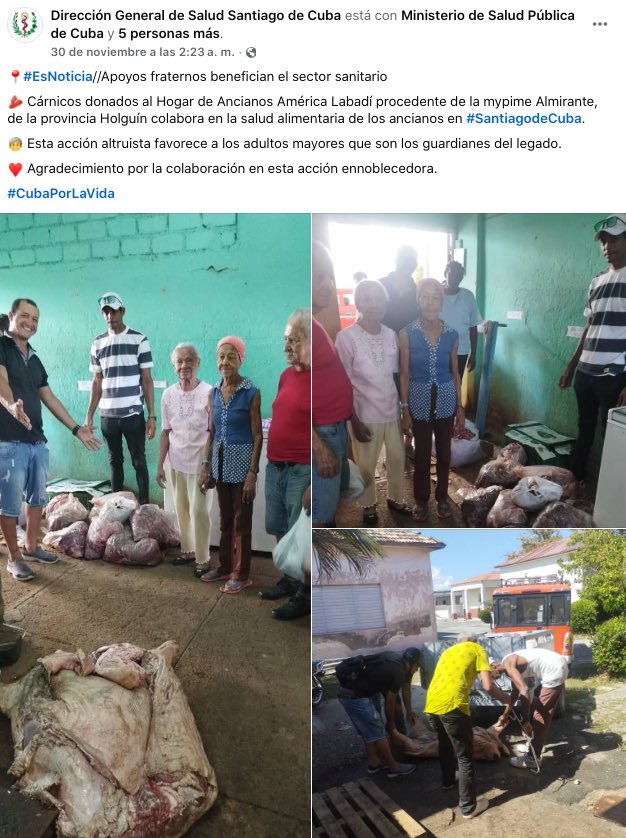 MagJorgeCastro's tweet photo. Salud pública publicita una donación de carne a un hogar de ancianos en Santiago de Cuba… carne en el piso sucio, carne sin refrigerar.

Hay animales a los que se le trata con más dignidad… luego lo publica el propio MINSAP y lo borra después del escándalo.

Increíble. https://t.co/Anzct0StvB