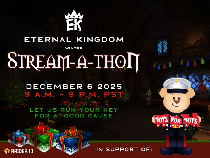 EK_Raiding's tweet photo. Only 3 days to go until our winter Stream-a-thon to benefit @ToysForTots_USA!!!! 🧸🤖🚗✈️🎁 
Key sign-ups are live: https://t.co/pFRW74lWxr
link: https://t.co/IvembC7YnX
Let's all rally together and make this event great!!!
#charity #worldofwarcraft #EKraiding #Eternal_Kingdom https://t.co/9o2rFfUhZQ