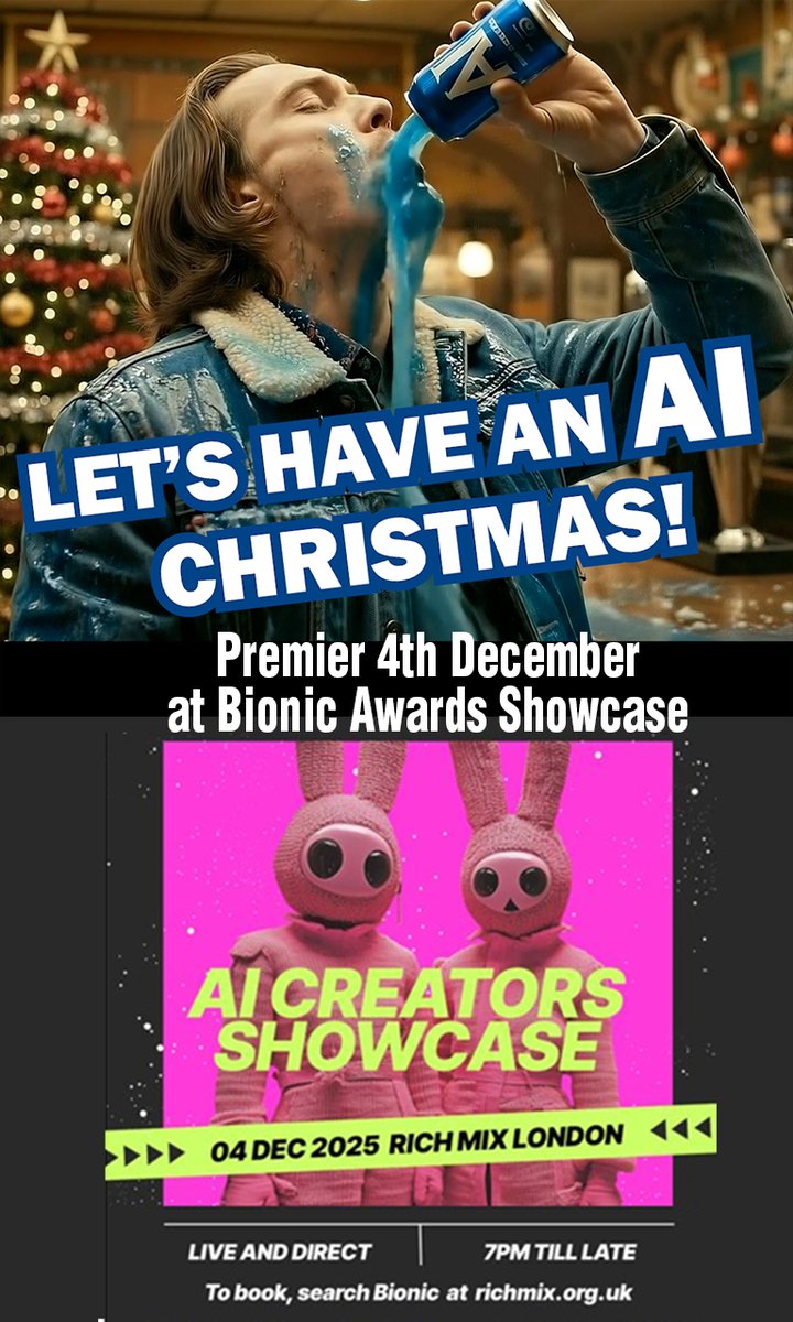 timhope100's tweet photo. Hi! My next viral mega hit song and video, Let's Have an AI Christmas, is premiering tomorrow evening (Thursday 4th December) live at the Bionic Awards Showcase at Rich Mix 7pm. I have ten 50 percent discount tickets if you want one!
https://t.co/n3xMmzpKaE https://t.co/pUAlrr0Sw1