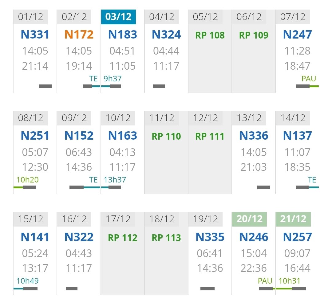 On me demande quel est l'emploi du temps d'un conducteur de trains. On va faire simple, je vous mets mon emploi du temps de cette semaine et deux deux suivantes. Quand il y a un trait coloré entre deux jours, c'est que je ne dors pas chez moi. Et RP c'est les jours de repos.