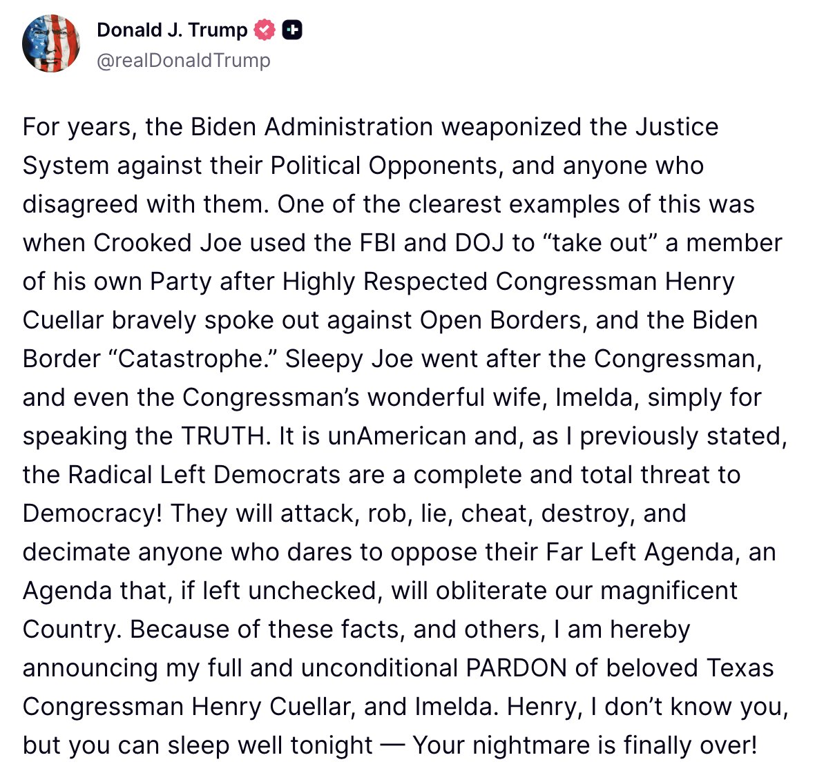 RepCuellar's tweet image. I want to thank President Trump for his tremendous leadership and for taking the time to look at the facts. I thank God for standing with my family and I during this difficult time. This decision clears the air and lets us move forward for South Texas.

This pardon gives us a…
