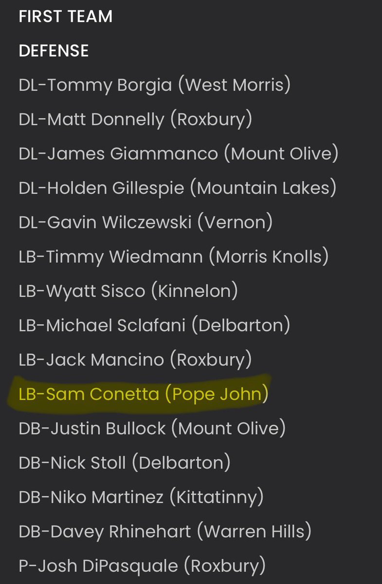SamConetta's tweet image. Blessed to be named first team all Morris/Sussex-Area team 
@PopeJohnLionsFB @CoachGaston_ @Coach_Cole47 @CoachVozza