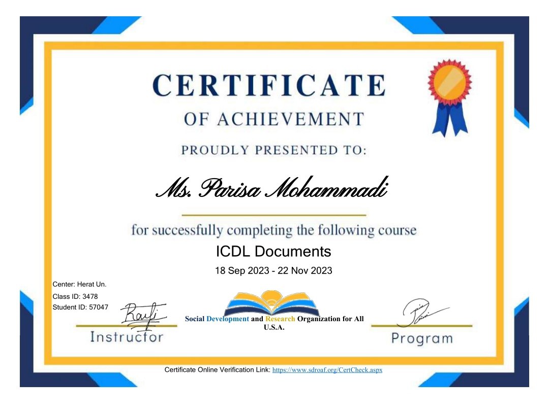ParisaMoha45525's tweet image. Every achievement starts with learning!
I’ve earned my ICDL Documents certificate from the Social Development and Research Organization for All U.S.A. 🙌💙
#ICDL #KeepLearning #NeverGiveUp #SuccessJourney #WomenInTech