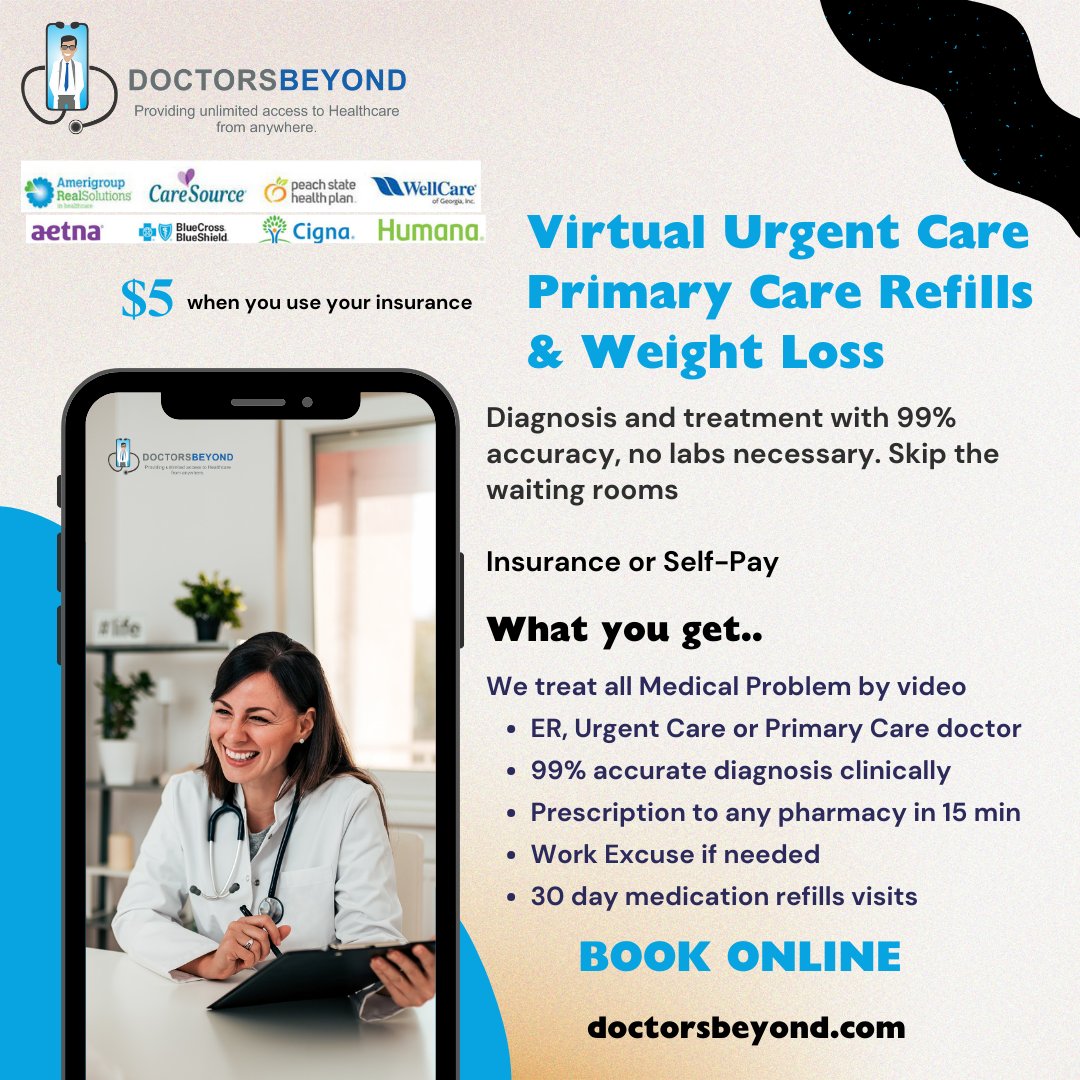 DoctorsBeyond's tweet photo. DOCTOR'S VISIT + PRESCRIPTION + WORK OR SCHOOL EXCUSE starting at $0 .Self-Pay and Insurance accepted. Get diagnosed virtual with 99% accuracy and treated in 15 mins. Get your in-person visit virtually today at https://t.co/UdT2oxXWzz
#urgentcare #doctor #cough #worknote #sick https://t.co/KcJK62OVrQ