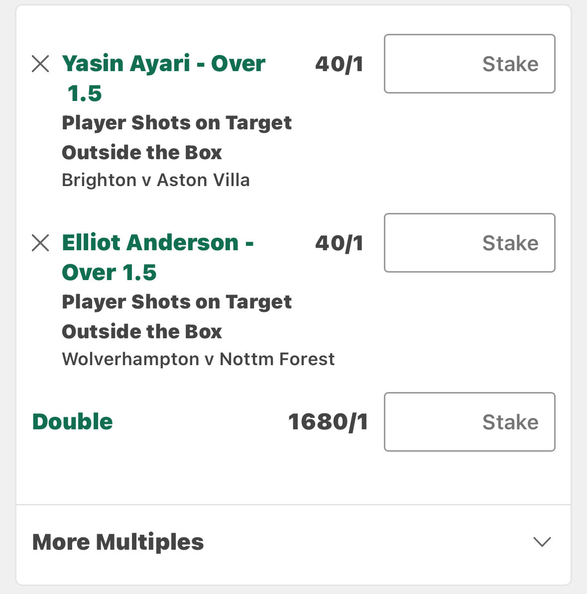 🏴󠁧󠁢󠁥󠁮󠁧󠁿Brighton vs Aston Villa🏴󠁧󠁢󠁥󠁮󠁧󠁿
🏴󠁧󠁢󠁥󠁮󠁧󠁿Wolves vs Forest🏴󠁧󠁢󠁥󠁮󠁧󠁿
⏰19:30

Ayari 17 shots otb in 11 starts. 4 on target. 

Anderson 8 shots otb, 4 on target in 13 starts. Wolves have conceded 13 SOTs otb in their last 5:
      
     3,2,2,3,3

Taken the two singles then all the doubles.