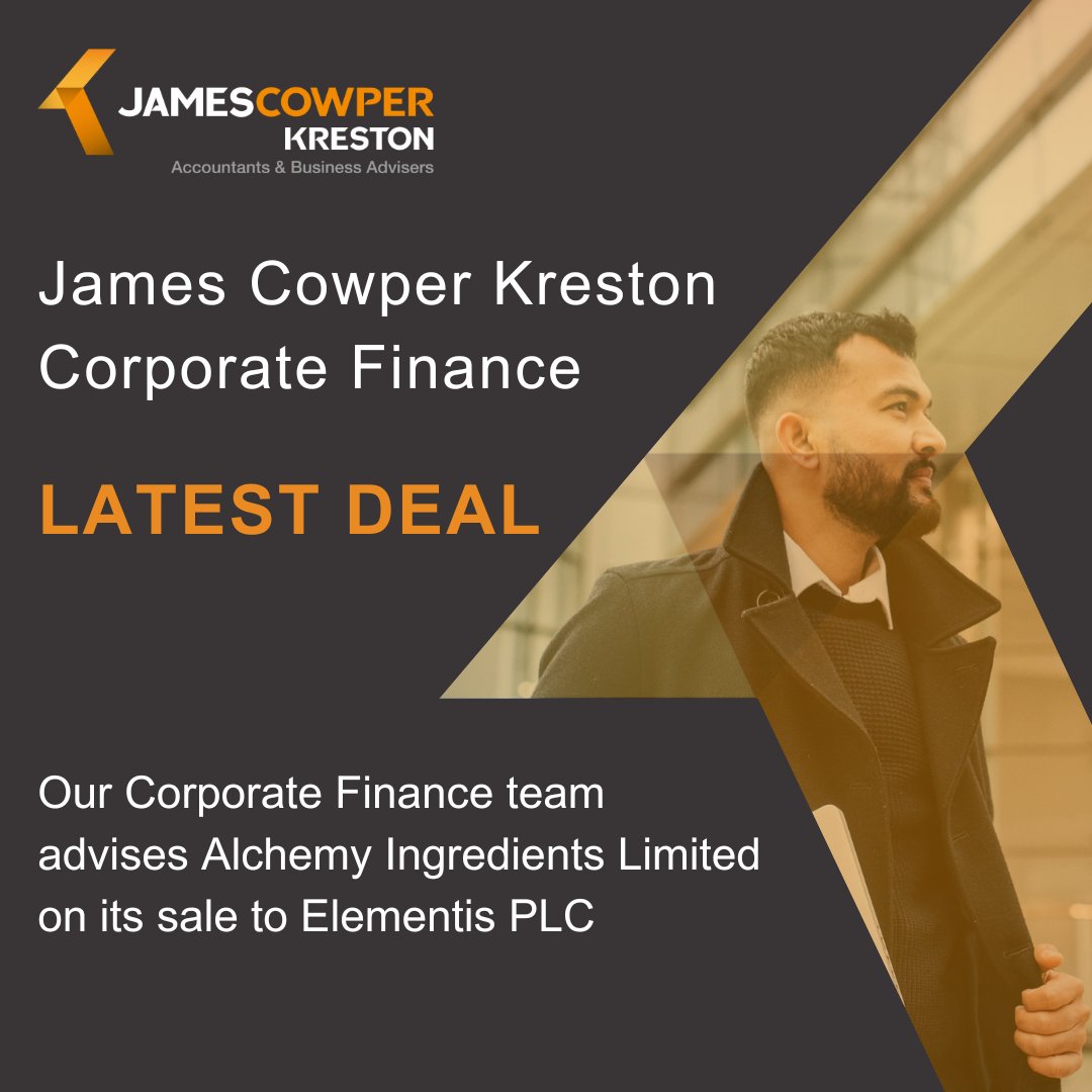Our Corporate Finance team provided sell side advice to Alchemy Ingredients Limited on its sale to Elementis PLC.👏

Read more in our full press release here 👉 jckcorporatefinance.co.uk/news/our-corpo…

#CorporateFinance #Advisers #LatestDeal #MaximiseYourPotential #JamesCowperKreston