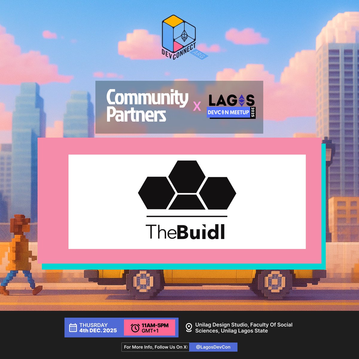 We are thrilled to welcome <a href="/the_buidl/">TheBuidl</a> as a Community Partner for Lagos Devcon Meetup 2025! 🥳

They represent the core of the builder culture—creating spaces for developers to research, collaborate, ship code, and solve problems.

We’re excited to have them as partners for Lagos