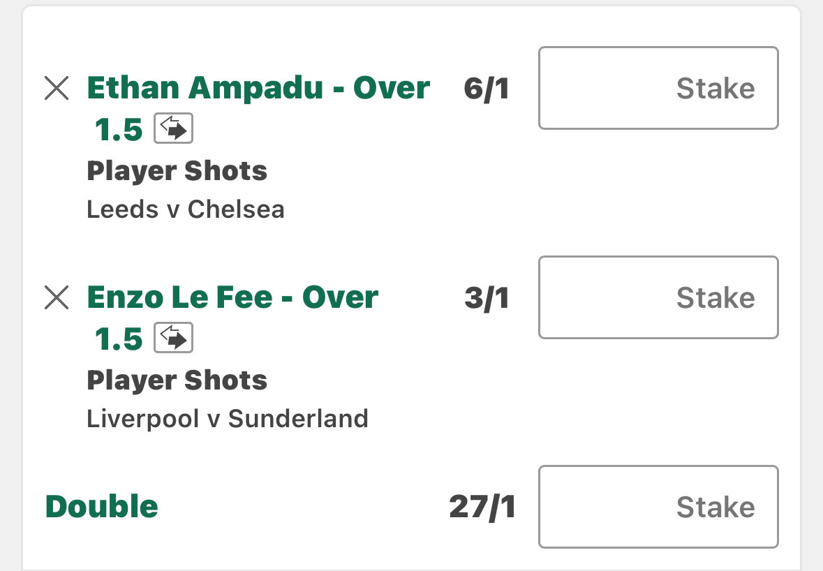 🏴󠁧󠁢󠁥󠁮󠁧󠁿Liverpool vs Sunderland🏴󠁧󠁢󠁥󠁮󠁧󠁿
🏴󠁧󠁢󠁥󠁮󠁧󠁿Leeds vs Chelsea🏴󠁧󠁢󠁥󠁮󠁧󠁿
⏰20:15

Le Fee has had at least 1 shot in his last 5. Down Liverpool’s right hand side where we could see Jones. A threat on the counter too which should suit.

Ampadu 4 shots in his last 5. Chelsea link today should fire him up.