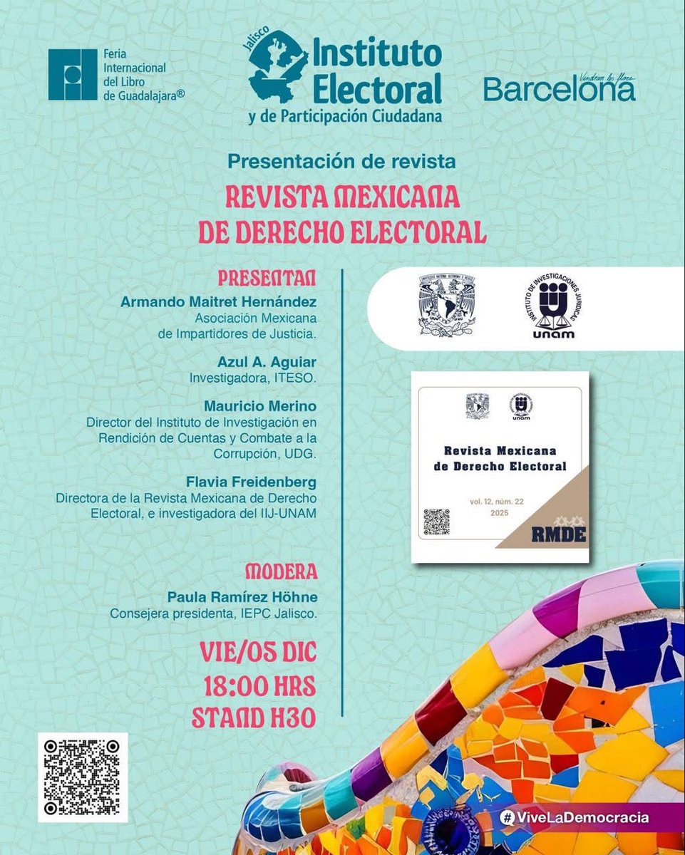 ✨📚  FIL Guadalajara 2025 📚✨

Les invitamos a la presentación de la Revista Mexicana de Derecho Electoral, un espacio para dialogar sobre avances y desafíos en materia electoral.

🗓️ Viernes 05 dic
🕕 18:00 h [CDMX]
📍 Stand H30

¡Les esperamos! 🙌

<a href="/IIJUNAM/">Instituto de Investigaciones Jurídicas, UNAM</a> 

#FIL2025 #RMDE