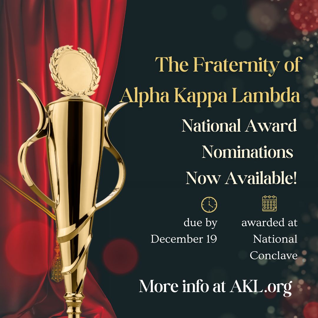 Clarence E. Brehm Leadership Award- Recognizes an undergraduate demonstrating exceptional leadership in chapter operations, campus involvement, and developing members.

Apply by Dec 19: akl.org

#AKL #AlphaKappaLambda #AKLConclave #AKLOfficersInstitute