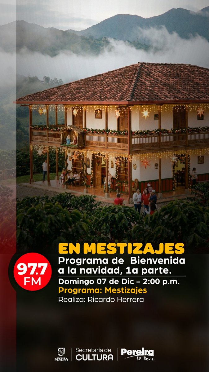 BIENVENIDO DICIEMBRE!  Por la red de radio cultural del país y durante todo diciembre, al aire  MESTIZAJES con villancicos y la música colombiana que nos hace vibrar!

Pereira y eje cafetero:   
Domingo Dic 7,  2:00pm por <a href="/EmisCulturalRAC/">Emisora Cultural RAC</a> 97.7FM.   
<a href="/RadioMESTIZAJES/">MESTIZAJES</a>

#mestizajes