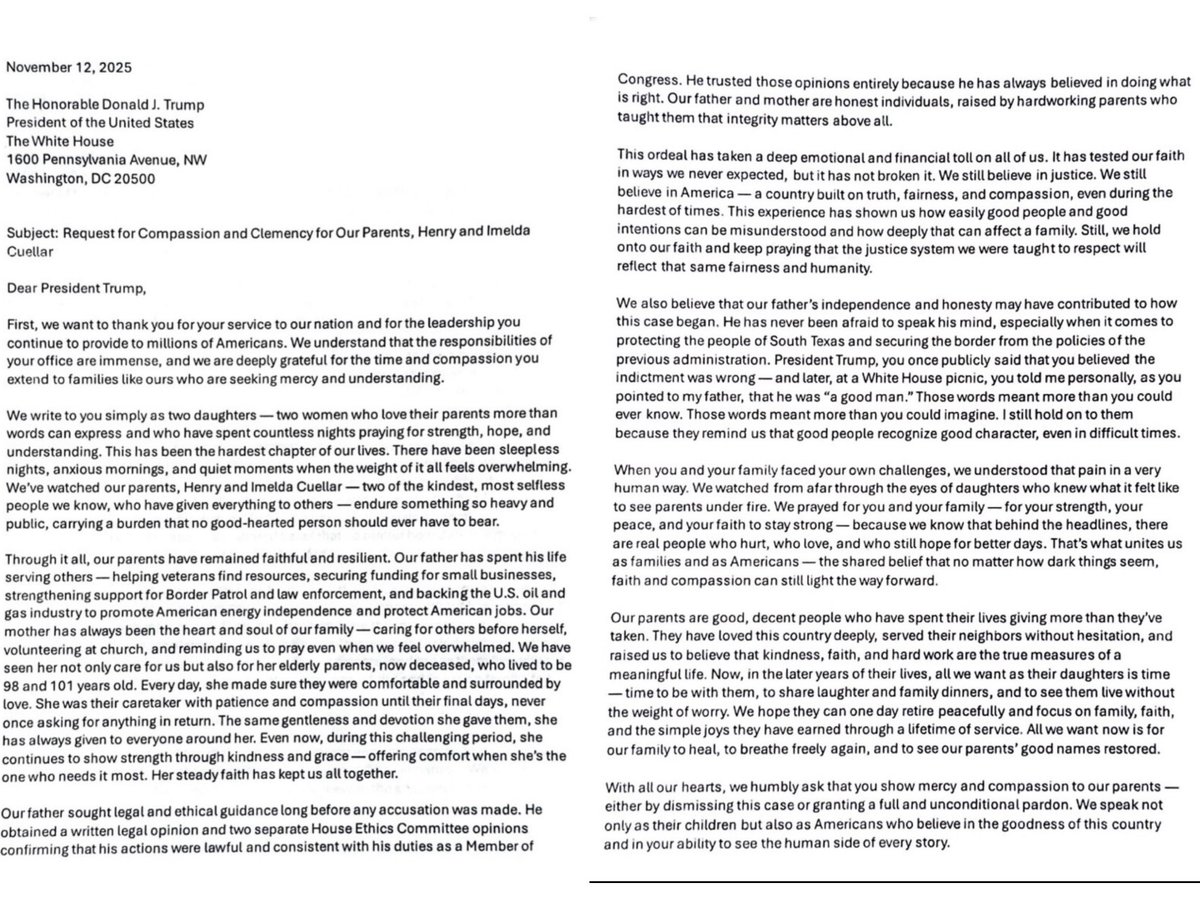 TheWest_Report's tweet image. 🚨 BREAKING: President Trump has issued a full pardon to Texas Democratic Congressman Henry Cuellar. 

He claims that Joe Biden targeted Cuellar with a politically motivated investigation because Cuellar opposed open-border policies.

Trump said:
“The Radical Left Democrats are a…