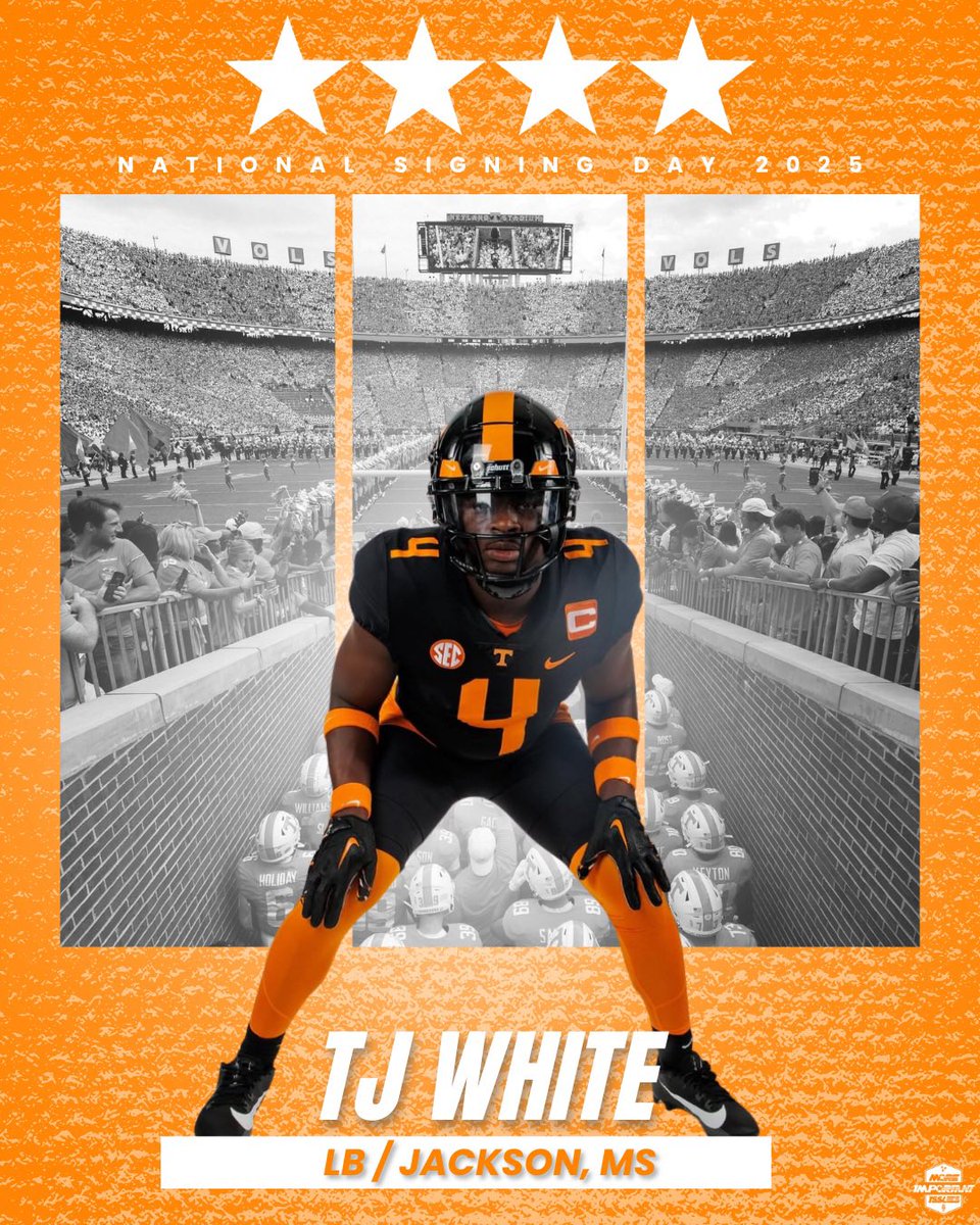 More_Issues's tweet image. 4⭐️ LB TJ White has signed and is officially a Tennessee Vol.

Welcome Home🍊