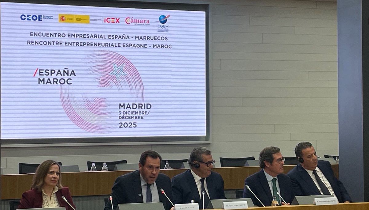 📍 Estamos en la sede de la <a href="/CEOE_ES/">CEOE</a> en el encuentro empresarial España-Marruecos  🇪🇸🇲🇦 en el que participa el ministro de Transportes, <a href="/oscar_puente_/">Óscar Puente</a>, y Aziz Akhannouch, jefe de Gobierno del Reino Marruecos. 

#empresas #Marruecos #transporte #empresasdetransporte