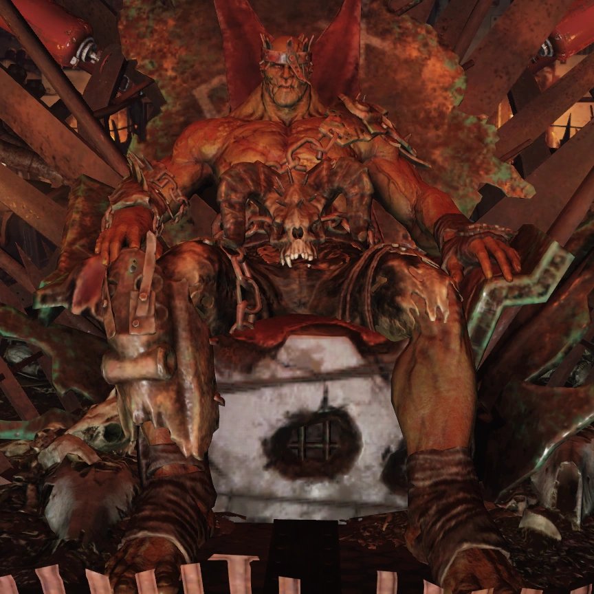 CursedTrapper's tweet image. New favourite Fallout character. It's really awesome how you can talk "raider" to him. Pure brute force, strength, and a violent bloodlust that is unmatched!! Hail The Rust King!! 💪💀🤘 #Fallout76 #BurningSprings @Fallout #RustKing