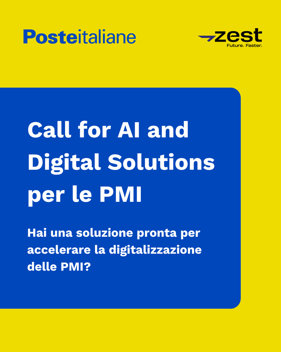 PosteItaliane's tweet photo. #PosteItaliane lancia la Call for Solutions AI and Digital Solutions per le PMI, l’iniziativa di open innovation promossa in collaborazione con Zest.

L’obiettivo della call è individuare #startup e #PMI innovative in grado di offrire soluzioni digitali e basate su #IntelligenzaArtificiale per accelerare la trasformazione digitale delle Piccole e Medie Imprese italiane.

Le aree di innovazione comprendono:
- Automazione documentale con AI
- Servizi AI per le PMI
- Firma elettronica integrata
- Soluzioni digitali verticali per professionisti

Le 2 soluzioni più promettenti saranno selezionate per sviluppare un Proof of Concept (PoC) della durata di 3 mesi, in collaborazione con il Gruppo Poste Italiane, per testare la propria tecnologia in un ambiente reale e strutturato, aprendo la strada a potenziali scenari di collaborazione o adozione.

🗓 Scadenza candidature: 11 gennaio 2026

💡 Sei una startup o una PMI innovativa con una soluzione pronta per accelerare la digitalizzazione delle imprese italiane?
👉 Scopri le challenge e partecipa alla Call4Solutions: https://t.co/ttNT3WTYQJ