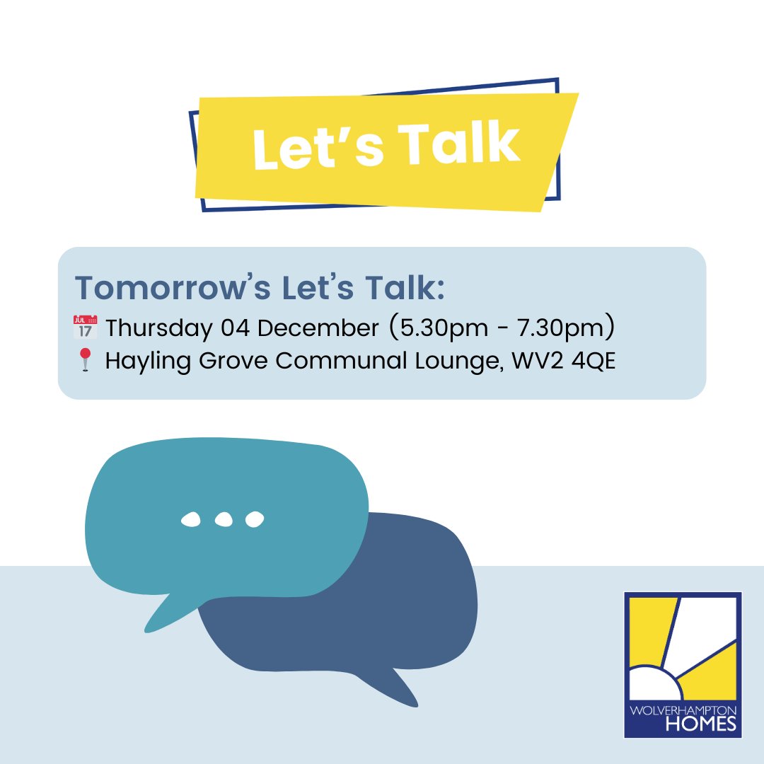 WolvesHomes's tweet image. Come and meet the team at tomorrow&apos;s Let&apos;s Talks!

Everyone is welcome, no booking required - just drop in.

For more information, please visit:
wolverhamptonhomes.org.uk/get-involved/l…