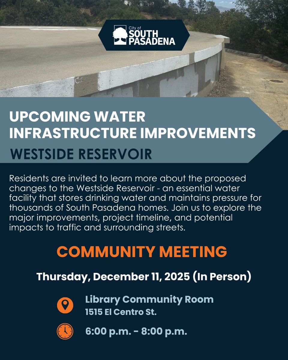 Residents are invited to a community meeting focused on proposed changes to the Westside Reservoir. Stop by to ask questions and receive information:
📅Thursday, Dec. 11 at 6:00 p.m.
📍Library Community Room, 1515 El Centro St.