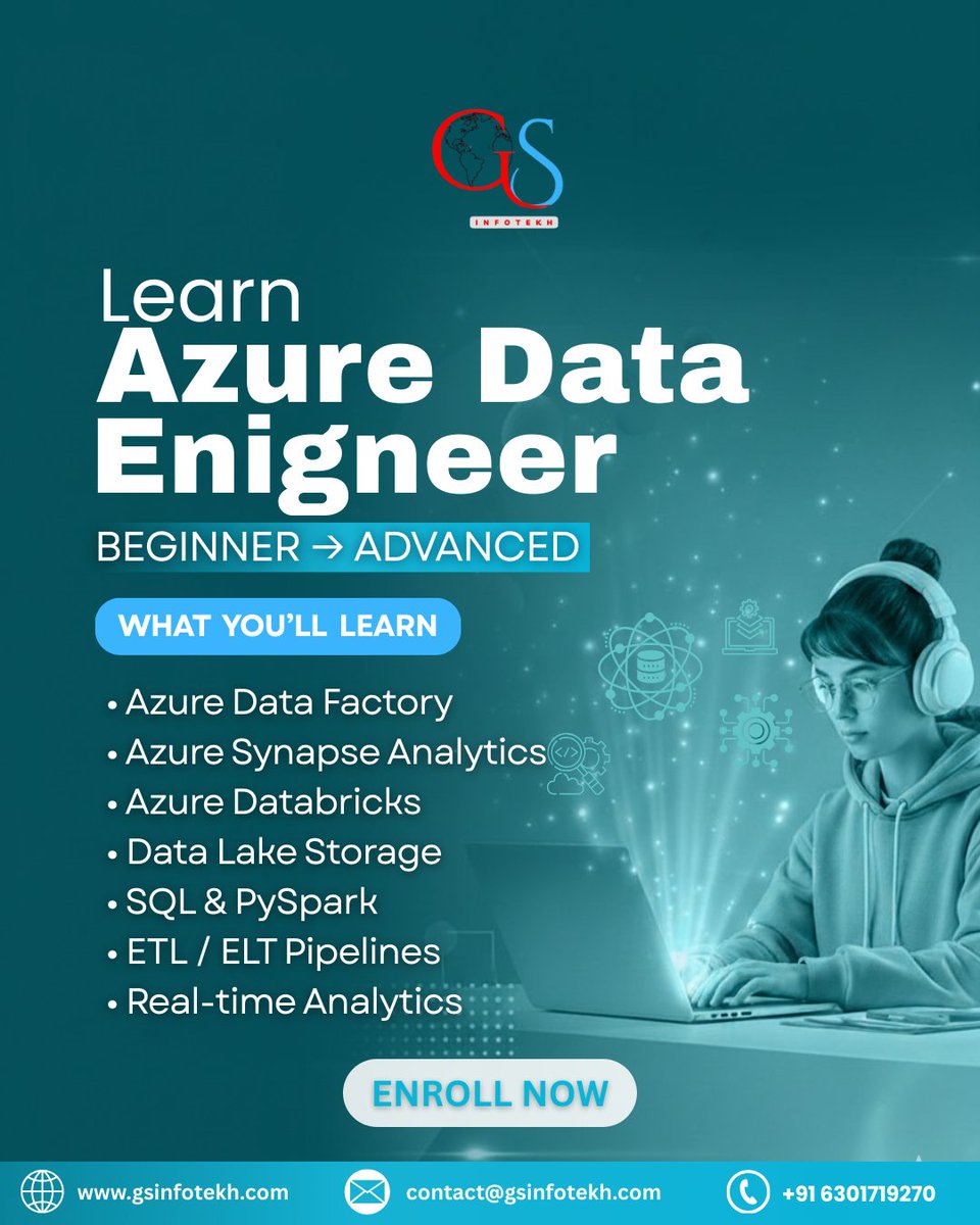 GSInfotekh's tweet image. Become an Azure Data Engineer from Beginner to Advanced!

📞 Call: +91 6301719270
🌐 Visit: gsinfotekh.com

#AzureDataEngineer #DataEngineering #AzureTraining #GSInfotekh #Databricks #SynapseAnalytics #CareerUpgrade #LearnAzure