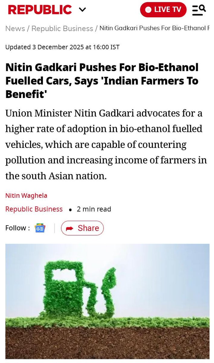 India’s shift from fossil fuels to ethanol is not accidental it’s Gadkari ji’s blueprint.
 Less dependence on imports and more dependence on our farmers. 
A proud reminder that solutions for India must come from India.