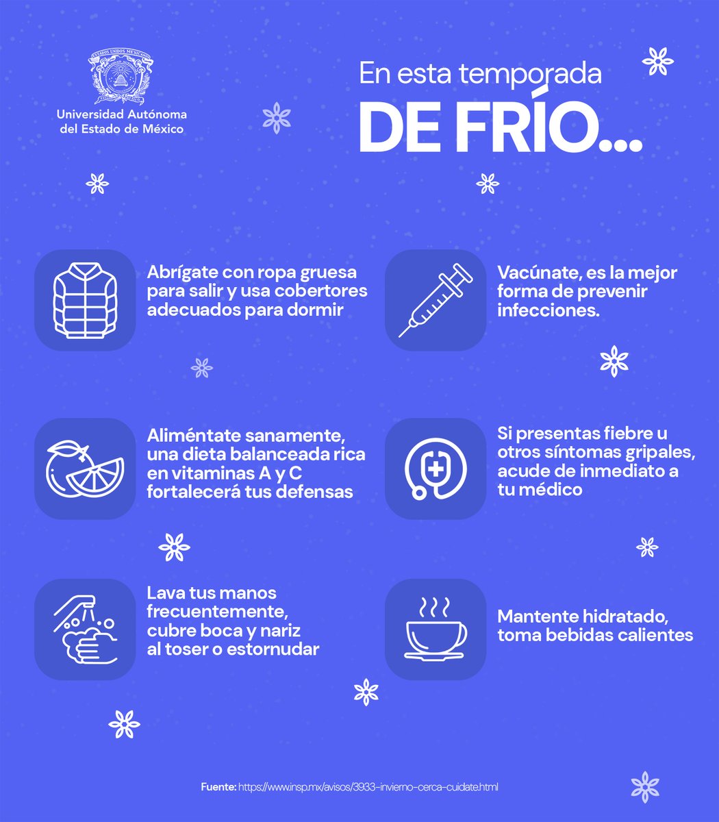 UAEM_MX's tweet photo. 🌬️❄️ En esta temporada invernal, cuidarte es esencial.

Te compartimos algunas recomendaciones que pueden ayudarte a reducir riesgos y protegerte de enfermedades respiratorias. https://t.co/AgkrhcR6yn