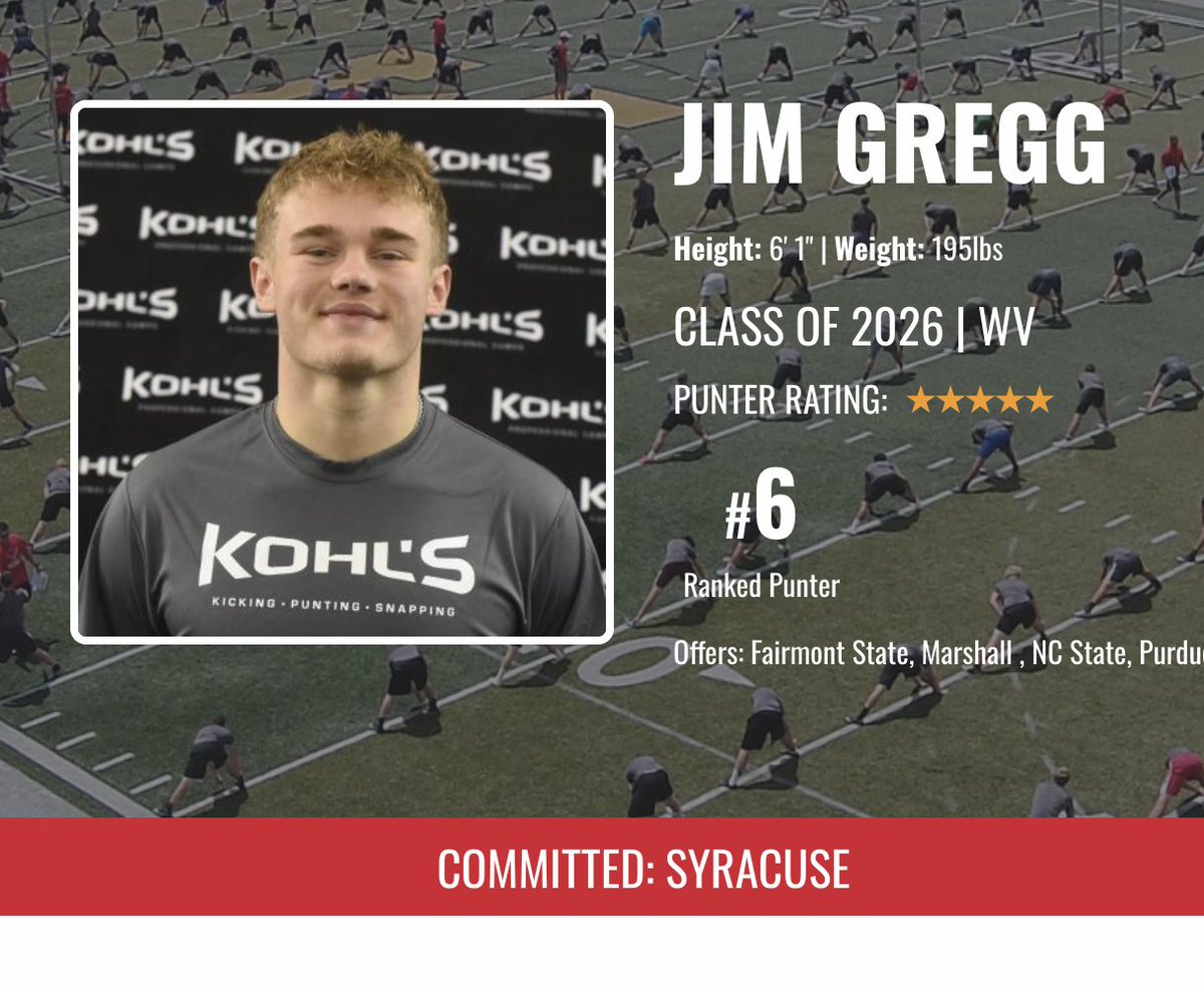 KohlsKicking's tweet image. ✅ Signed

The No. 6 ranked punter in the country for the #KohlsKicking Class of 2026, Jimmy Gregg, has officially signed with Syracuse.

➡️ Prospect Eval: kohlskicking.com/player-profile… #cuse #nsd26
