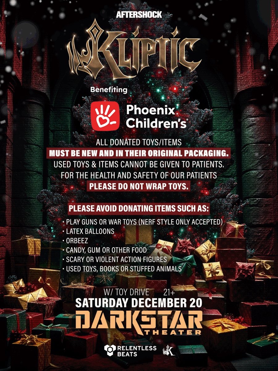 I am so excited to announce this one, this 20th Il be sharing the stage with one of my fav artists @klipticmusic for such a great cause! Myself <a href="/guestlistdubz/">GUESTLI$T</a> as well as @pointzerodubz will be performing with Kliptic for a toy drive benefiting Phoenix Children’s Hospital!

Check