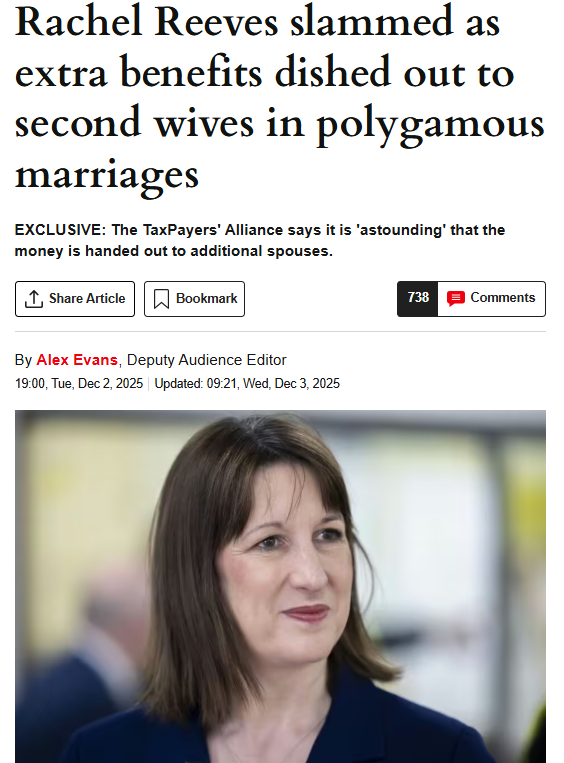 PWestoff's tweet image. Rachel Reeves has raised the welfare payments for 2nd, 3rd and 4th wives. This obviously applies to Muslim families in Britain. Assuming one man has 4 wives and each wife has 4 children, the total annual welfare package available is 250K  (the equivalent of an annual salary of…