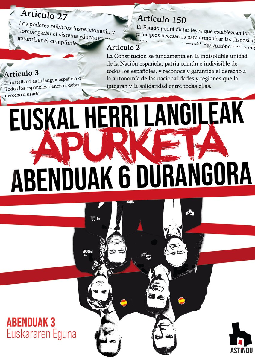 Nup_Astindu's tweet photo. Konstituzioan jasotzen dira Euskal Herri Langilearen zapalkuntza nazionala eta soziala ahalbidetzen duten baldintzak. Halaber, Madrilen zehazten dira hezkuntzako curriculumaren nondik norakoak eta honen gaineko kontrola. 

Abenduaren 6an 19:00etan denok durangora! https://t.co/8fJkA8bmzj