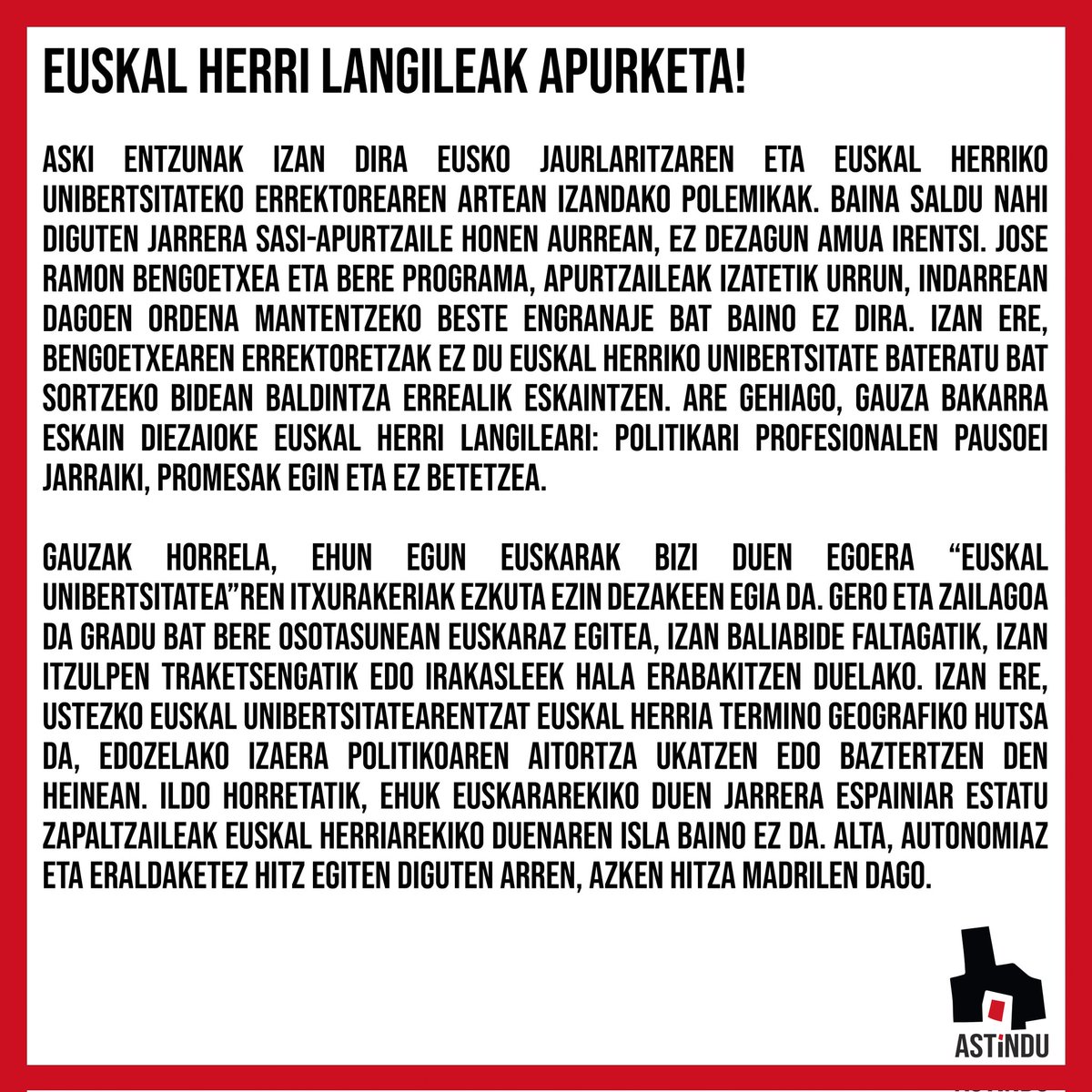 Nup_Astindu's tweet photo. Konstituzioan jasotzen dira Euskal Herri Langilearen zapalkuntza nazionala eta soziala ahalbidetzen duten baldintzak. Halaber, Madrilen zehazten dira hezkuntzako curriculumaren nondik norakoak eta honen gaineko kontrola. 

Abenduaren 6an 19:00etan denok durangora! https://t.co/8fJkA8bmzj