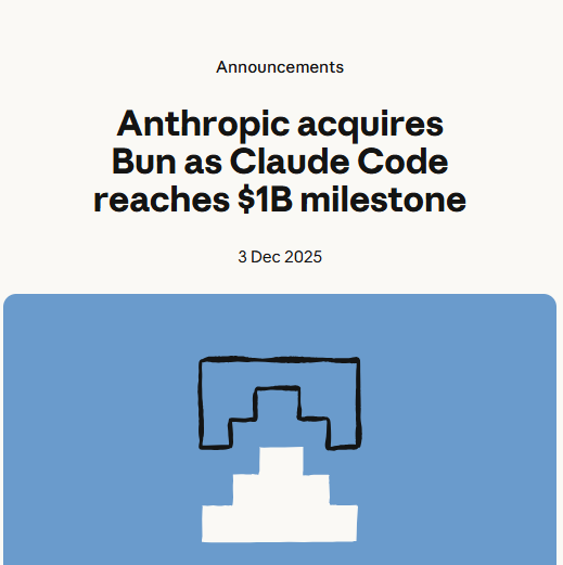 programmersatya's tweet image. Anthropic acquires Bun as Claude Code reaches $1B milestone👇
for more details - 
Anthropic
anthropic.com/news/anthropic…

Bun
bun.com/blog/bun-joins…