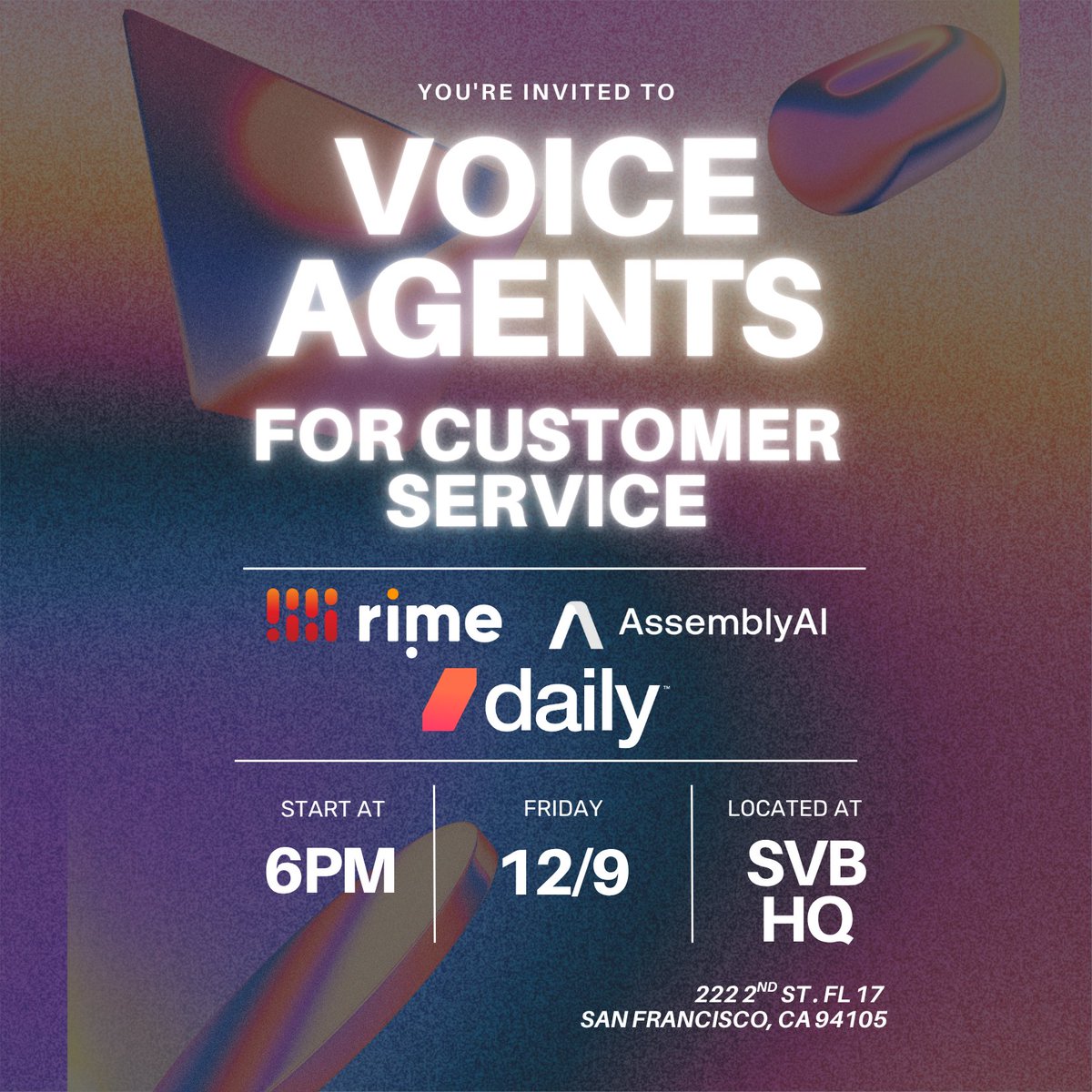 Join us NEXT TUESDAY at <a href="/SiliconVlyBank/">Silicon Valley Bank</a> as we dive into what it really takes to build enterprise-grade customer service voice agents with teams from <a href="/AssemblyAI/">AssemblyAI</a> and @TryDaily.

We’ll break down the challenges, techniques, and real-world lessons behind low-latency, high-accuracy