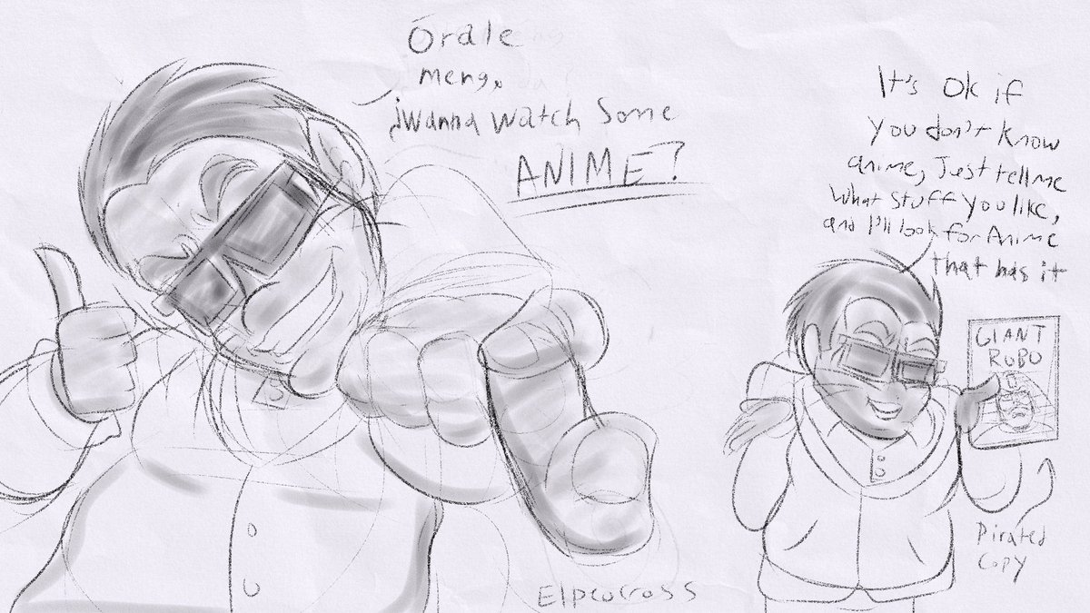Elpeocross's tweet photo. My recent post about Evangelion blowing up has made me realize that Weebgardo probably doesn't exist anymore (or probably never did.)
He was based on Mexican Otaku I knew growing up;
They were cool and always recommended stuff and didn't wince at ecchi.
I should draw him more. https://t.co/bQbFRc3rWZ