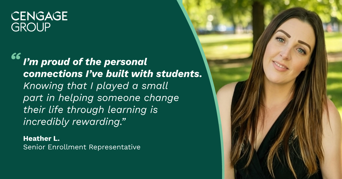 CengageLearning's tweet image. We recently spoke with Heather L., Senior Enrollment Representative, about why she’s passionate about building meaningful connections that make education feel accessible and achievable. Learn more about her role and our #companyculture: bit.ly/48qopqI