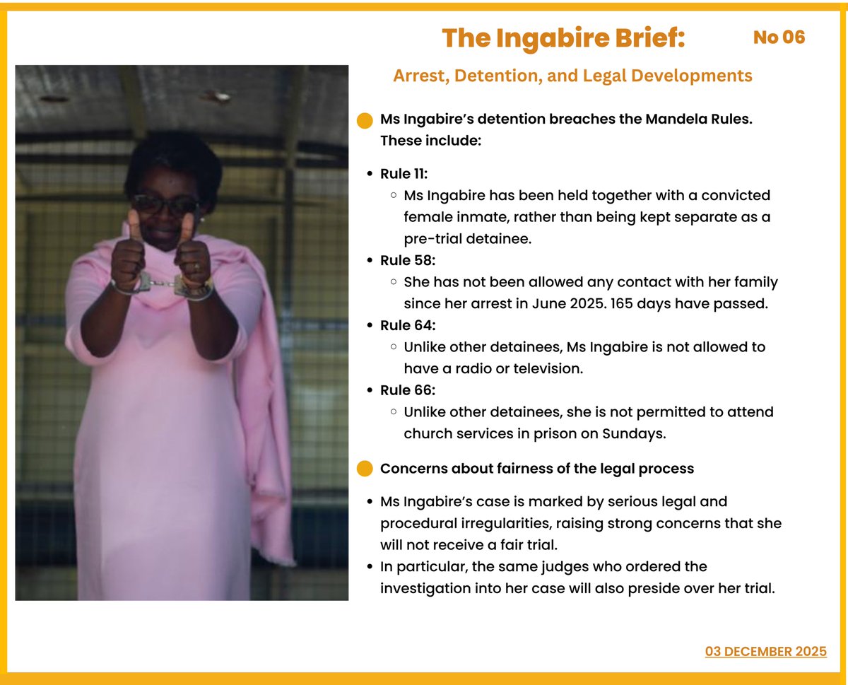 Ms Ingabire has been detained for 165 days since her arrest in June 2025.
During this entire period, she has not been allowed to speak to her family nor her international legal team. Ms Ingabire’s detention and legal case are marked by serious irregularities. #Rwanda