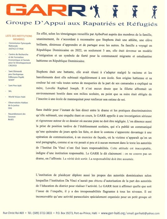 GARRHaiti's tweet photo. 📢COMMUNIQUE DE PRESSE
Stephora Anne-Mircie Joseph, une étoile éteinte et des espoirs envolés : le GARR réclame justice pour sa famille
Version PDF:📎https://t.co/SDI4FB9fA2
#HumanRightsViolations #JusticeforStephora #Haitianmigrants https://t.co/yvB3asSycQ