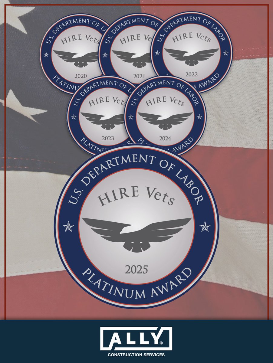 ALLYconstructs's tweet image. Proud to announce that for the 6th straight year, ALLY has earned the HIRE Vets Medallion Platinum Award, a federal-level recognition of our ongoing commitment to hiring, supporting, and retaining U.S. military veterans.

#ALLYConstructionSvcs #HireVets