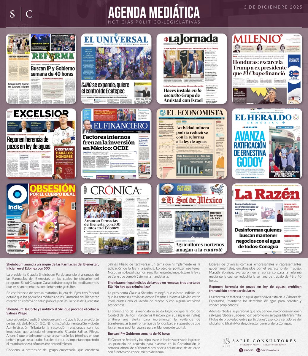 📰#SafieConsultores te presenta el análisis de la agenda mediática de hoy. Descubre las tendencias y temas clave que están marcando la conversación nacional. #PrimerasPlanas #politicanacional

💻mailchi.mp/safieconsultor…