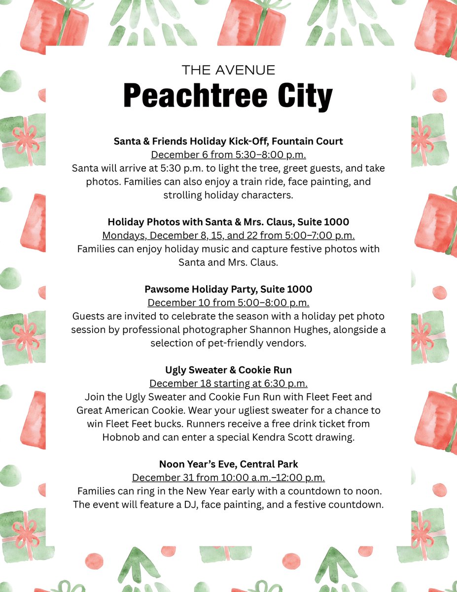 🎄✨ Holiday fun is happening at The Avenue Peachtree City!

From Santa photos and pet celebrations to the Ugly Sweater &amp; Cookie Run and a family-friendly Noon Year’s Eve party — there’s an event for everyone! 🎅🐾🎉

Get the full lineup ➡️ avenuepeachtreecity.com/events-sales/

#TheAvenuePTC