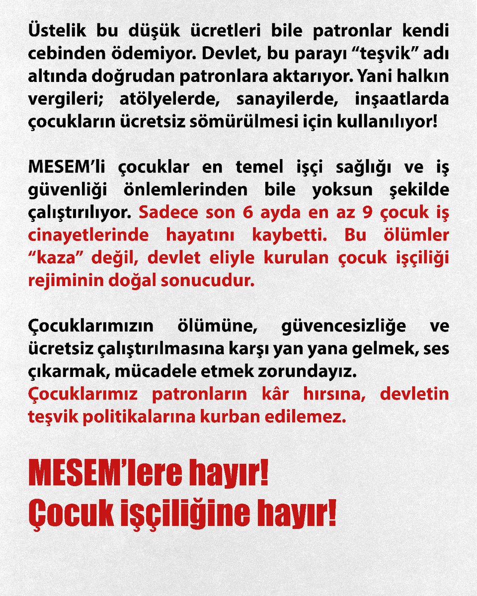emekadalet's tweet photo. Sadece son 6 ayda en az 9 çocuk işçi, iş cinayetlerinde hayatını kaybetti.

MESEM'lere hayır!
Çocuk işçiliğine hayır! https://t.co/NkXiFVGQQc