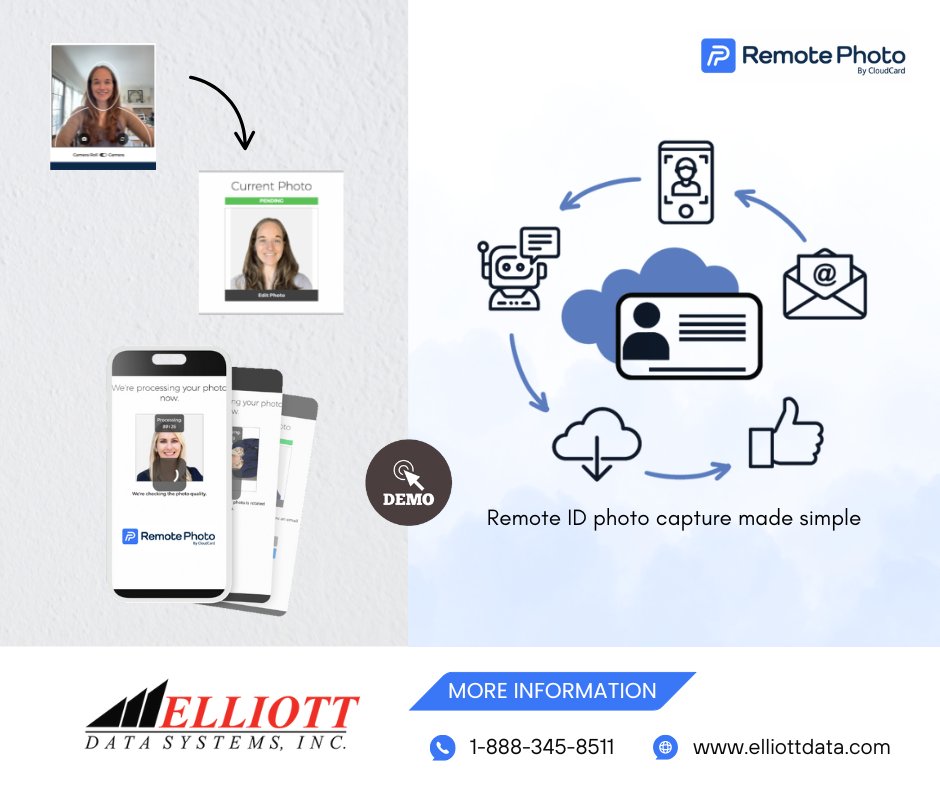 Experience Remote ID Photo Capture with AI
Automated. Real-time. Immediate. Simple.
RemotePhoto by CloudCard makes capturing photo IDs effortless and secure—anytime, anywhere. Learn more elliottdata.com/product/remote…