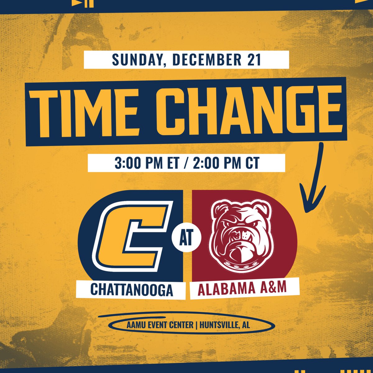 GoMocsMBB's tweet image. 🚨 GAME TIME CHANGE 🚨

🗓️ Sunday, December 21
🆚 Alabama A&amp;amp;M
🕒 3PM ET / 2PM CT
📍 Huntsville, Alabama

#GoMocs
