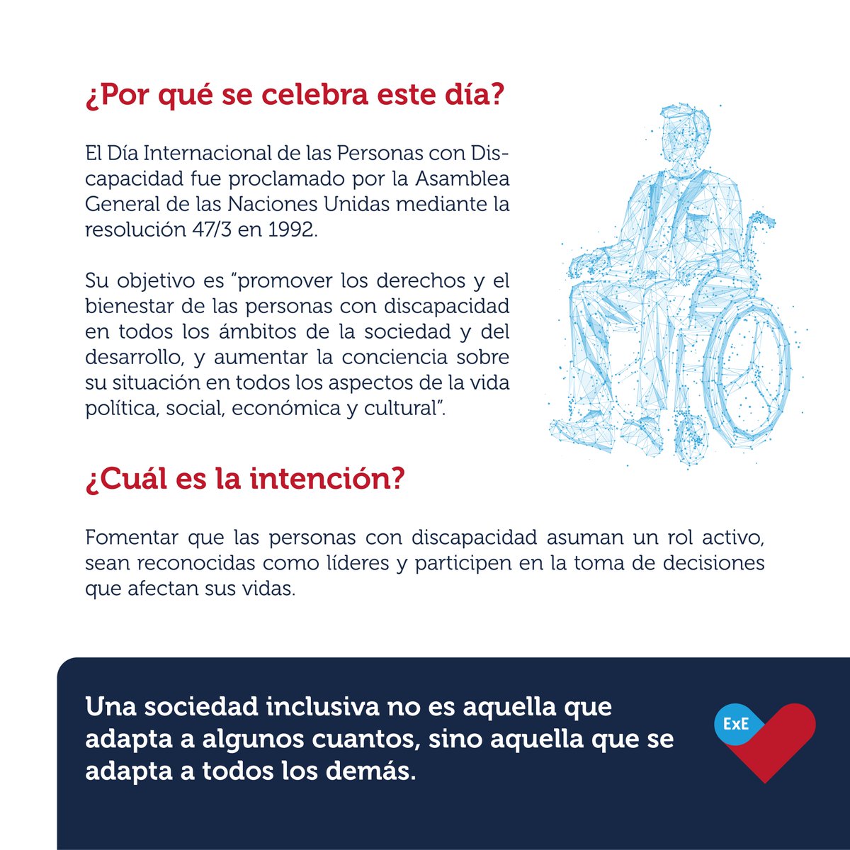 “La diversidad humana es un hecho; la inclusión es un acto”.  🙌🏻💙❤

¿Sabías qué más de 1 000 millones de personas en el mundo viven con alguna discapacidad? ♿

Te invitamos a escribir en los comentarios qué palabra asociarías a “inclusión” y por qué. 🫶🏻💬

 #ExE  #3Diciembre