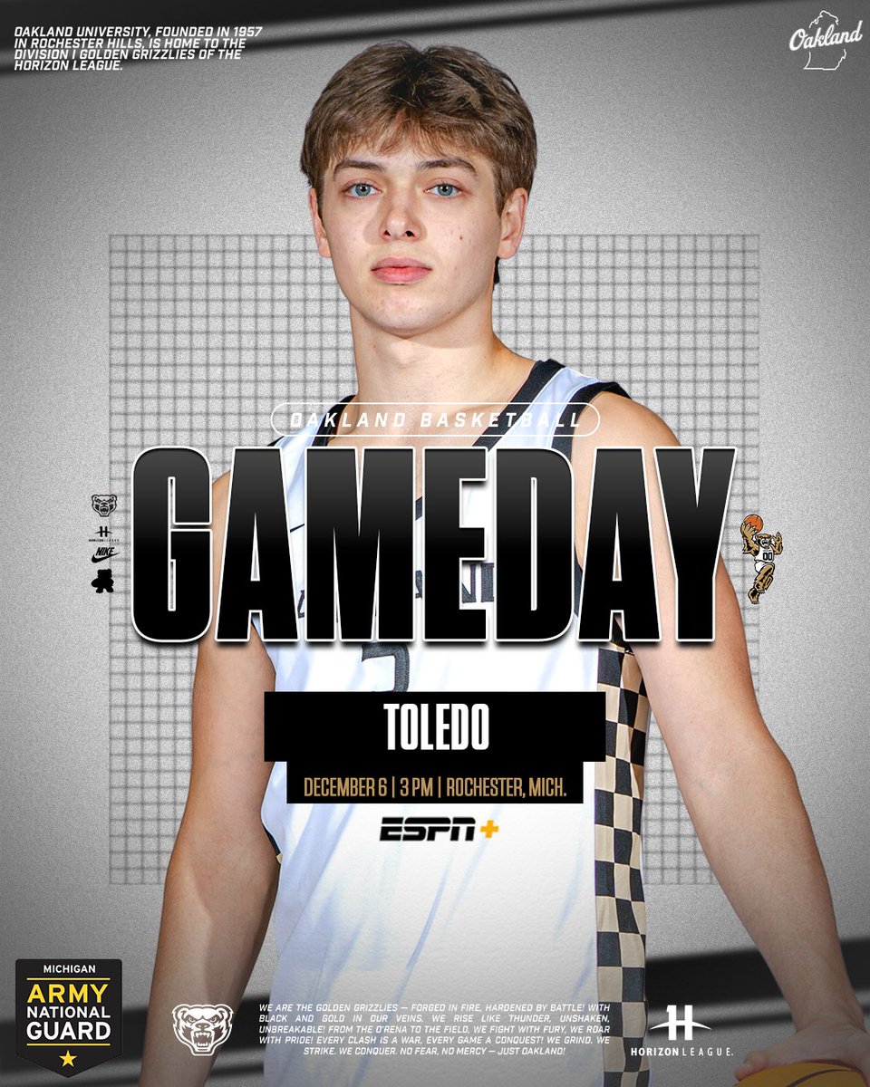 OaklandMBB's tweet image. Gameday on the Blacktop😤

🆚 - Toledo
⏰ - 3 p.m. ET
📍 - OU Credit Union O’rena
🎟️ - tinyurl.com/OUMBBTix
📺 - @ESPNPlus
📻 - tinyurl.com/ff7sahk5
📊 - tinyurl.com/494xkkdc

#UnleashTheGrizz | @NationalGuard
